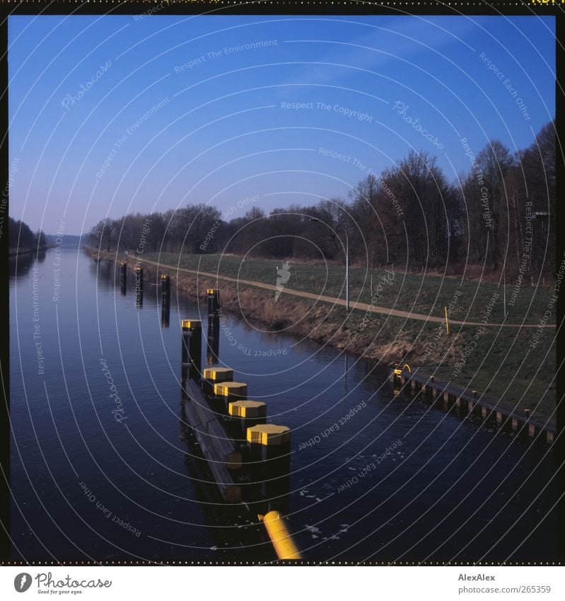 kanalisiert Ausflug Ferne Freiheit Landschaft Wasser Wolkenloser Himmel Frühling Baum Sträucher Küste Fluss Kanal Schleuse Witzeede Binnenschifffahrt Deich