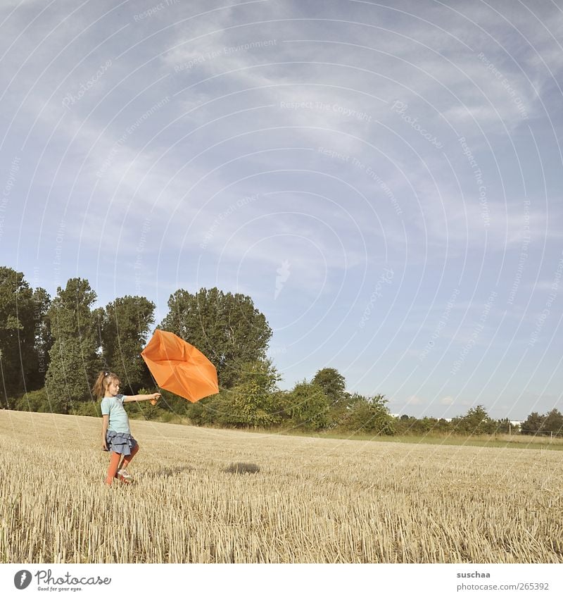 ist nicht immer ein bisschen april? feminin Kind Mädchen Kindheit 1 Mensch 3-8 Jahre Umwelt Natur Himmel Sommer Wetter Schönes Wetter Feld Fröhlichkeit kaputt