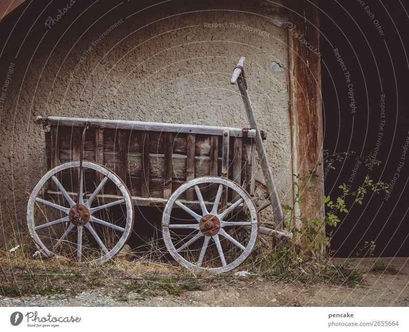 reise in die vergangenheit Haus Mauer Wand Tür Handwagen alt historisch Holz Rad Bauernhof Museum Freilichtmuseum Karre Vergangenheit Landwirtschaft