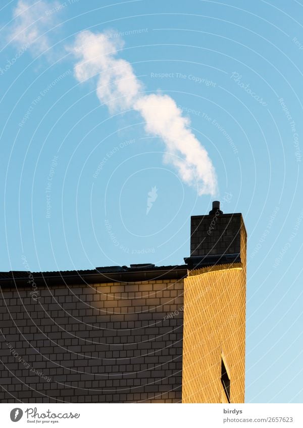 Heizperiode Wolkenloser Himmel Winter Haus Wohnhaus Dach Schornstein Rauch authentisch oben gelb weiß Geborgenheit Warmherzigkeit Verantwortung