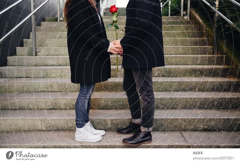 Verabredung eines jungen verliebten Paares Freude Glück schön Winter Feste & Feiern Valentinstag Frau Erwachsene Mann Hand Herbst Blume Straße Jeanshose Mantel