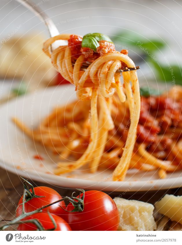 Spaghetti-Nudeln mit Bolognesesauce Fleisch Käse Kräuter & Gewürze Mittagessen Abendessen Teller Gabel Holz hell Tradition Basilikum Rindfleisch kochen & garen