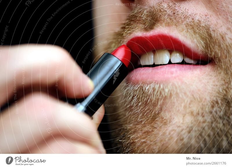 coming out Körperpflege Kosmetik Schminke Lippenstift maskulin Mund Zähne 1 Mensch Bart Dreitagebart Vollbart rot außergewöhnlich Homosexualität rebellisch