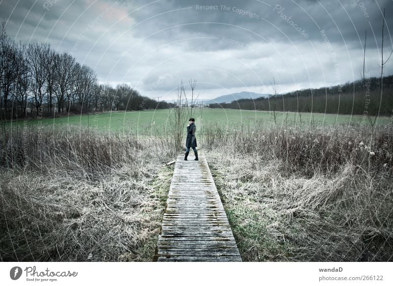 ________________ feminin Junge Frau Jugendliche 1 Mensch Landschaft Himmel Wolken Frühling Mantel Blick stehen blau grau grün graue Wolken dunkle Wolken Holzweg