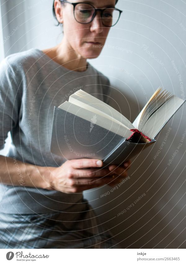 Lesen 2 Farbfoto grau Frau Erwachsene Brille Rock Pullover seriös lesen Buch schwer Bildung interessant Erwachsenenbildung lernen Mensch Spießer frontal