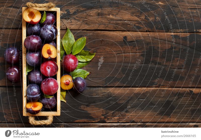 Frische Pflaumen mit Blättern Frucht Ernährung Vegetarische Ernährung Diät Sommer Tisch Herbst Blatt Holz dunkel frisch saftig braun purpur roh reif Ackerbau