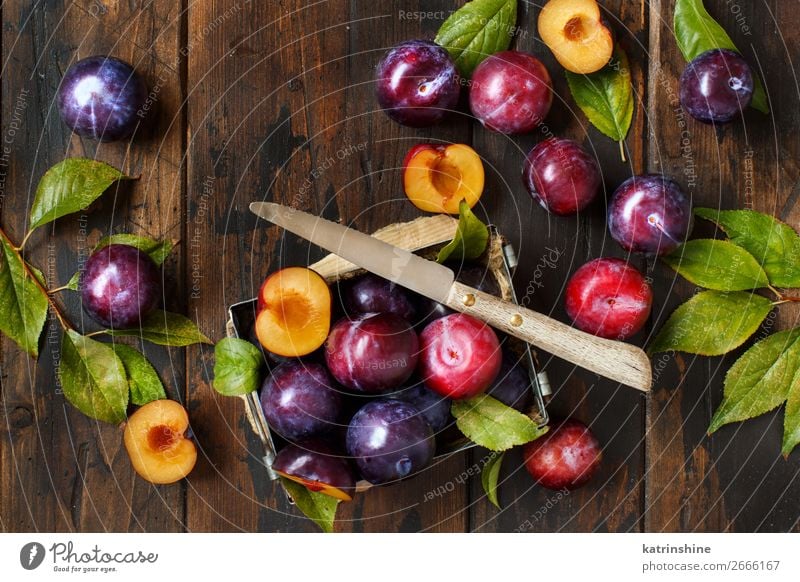 Frische Pflaumen mit Blättern Frucht Ernährung Vegetarische Ernährung Diät Sommer Tisch Herbst Blatt Holz frisch saftig braun purpur roh reif Ackerbau süß