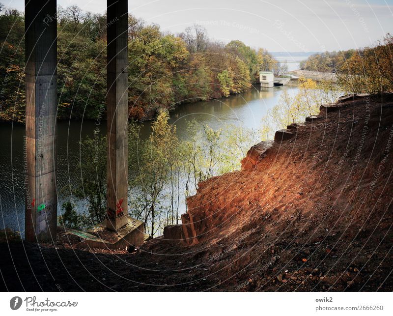 Unter Strebern Subkultur Graffiti Wandmalereien Erde Wasser Wolkenloser Himmel Horizont Herbst Baum Sträucher Wald Stausee Bautzen Lausitz Deutschland Brücke