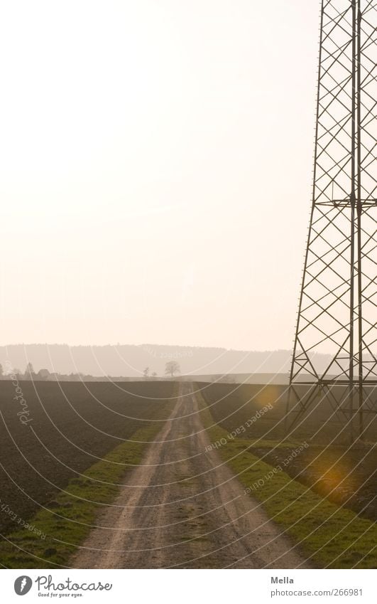 Auf allen Wegen tanzt mein Herz * Energiewirtschaft Strommast Umwelt Natur Landschaft Sonne Feld Fußweg Ackerboden Wege & Pfade natürlich Wärme braun gelb gold