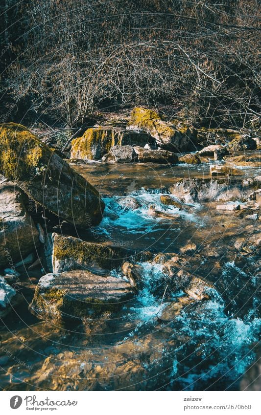 Ein wilder Fluss, der durch große Felsen mit Moos fließt schön Ferien & Urlaub & Reisen Tourismus Abenteuer Wellen Winter Berge u. Gebirge wandern Umwelt Natur