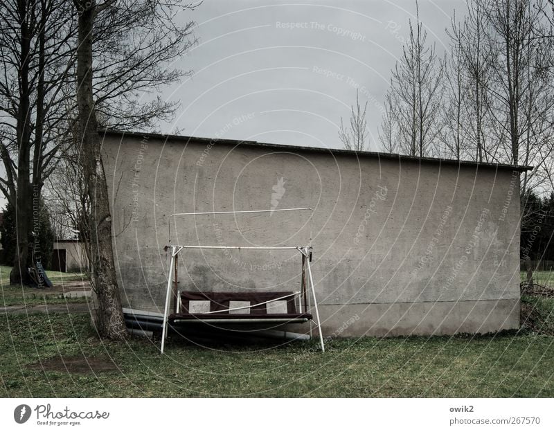 Resterampe Natur Pflanze Himmel Wolken Baum Gras Garten Mauer Wand schaukeln stehen alt dunkel historisch trashig trist grau standhaft bescheiden sparsam