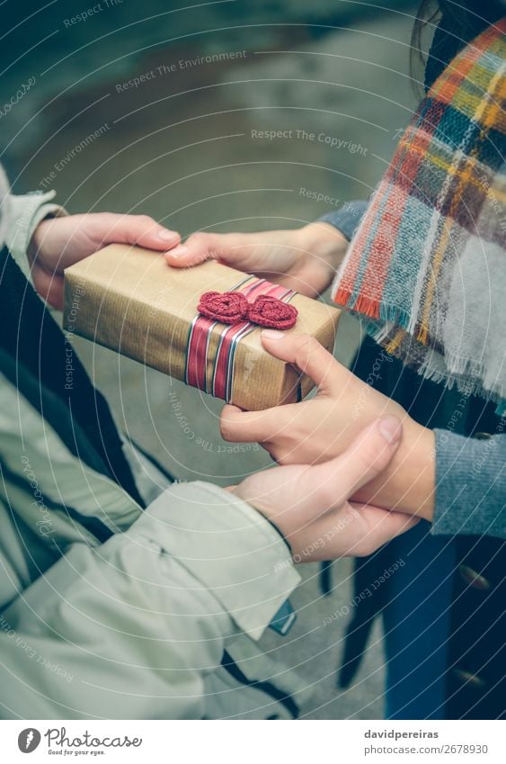 Männerhände geben Geschenkbox an Frau mit Schal Lifestyle Glück Winter Feste & Feiern Geburtstag Mensch Erwachsene Mann Paar Hand Herbst Blume Straße Schnur