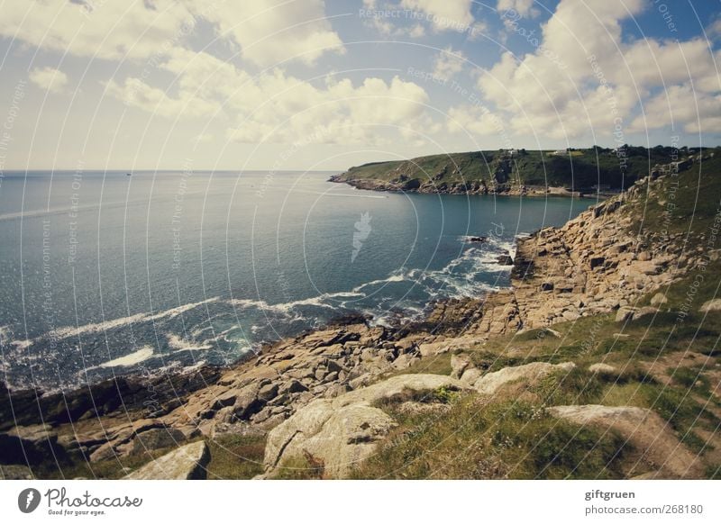 landscapes Umwelt Natur Landschaft Urelemente Erde Wasser Himmel Wolken Horizont Sonne Sommer Wetter Schönes Wetter Hügel Felsen Wellen Küste Strand Bucht Meer