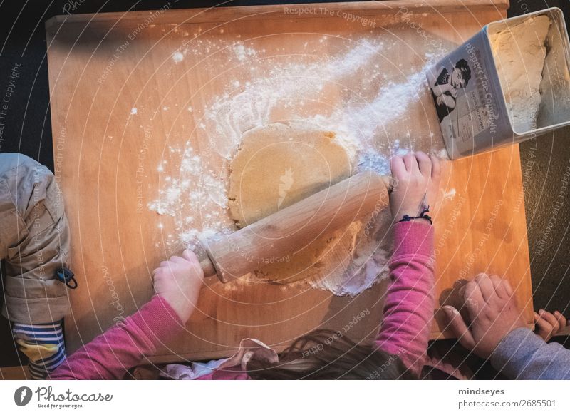 Kinder backen Weihnachtsplätzchen Lebensmittel Teigwaren Backwaren ausrollen Nudelholz Plätzchen Plätzchenteig Mehl Küche 3 Mensch 3-8 Jahre Kindheit machen