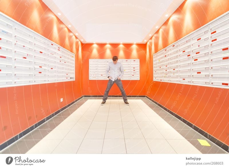 return to sender Mensch maskulin 1 Hochhaus stehen Briefkasten Innenarchitektur Symmetrie Adressat Orange anonym Zukunft Farbfoto Innenaufnahme Kunstlicht Licht