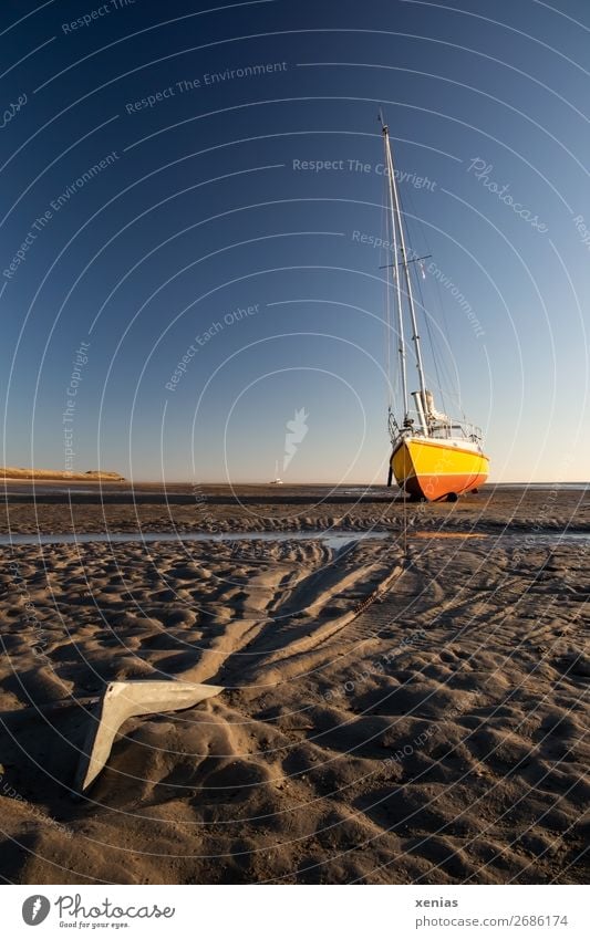 Anker mit Segelboot bei Ebbe Segeln Ferien & Urlaub & Reisen Ausflug Sommer Strand Meer Wasserfahrzeug Natur Sand Himmel Klimawandel Schönes Wetter Küste