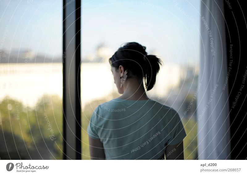 Ausblick Mensch feminin Junge Frau Jugendliche 1 18-30 Jahre Erwachsene Wien Österreich Europa Stadtzentrum Haus Bauwerk Gebäude T-Shirt Haare & Frisuren