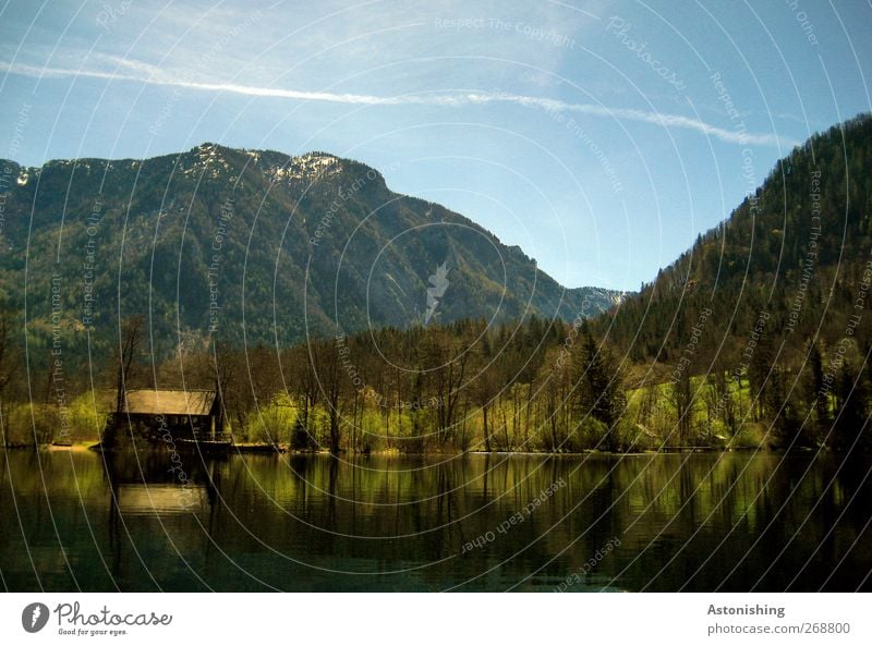 Hütte am See Umwelt Natur Landschaft Pflanze Wasser Himmel Sommer Wetter Schönes Wetter Wärme Baum Wald Hügel Felsen Alpen Berge u. Gebirge Gipfel blau