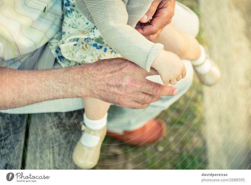 Baby Mädchen hält den Finger der älteren Männerhand. Haut Leben Kind Ruhestand Mensch Frau Erwachsene Mann Eltern Vater Großvater Familie & Verwandtschaft Hand