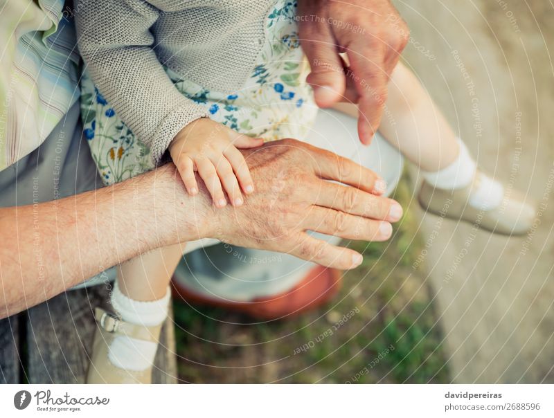 Baby Mädchen berührt Hand des älteren Mannes Haut Leben Kind Ruhestand Mensch Frau Erwachsene Großvater Familie & Verwandtschaft Natur alt berühren Liebe