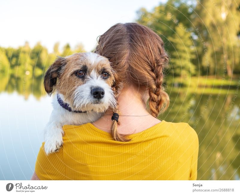 Kleiner Hund blickt über die Schulter einer jungen Frau Lifestyle Sommer Mensch feminin Junge Frau Jugendliche Leben 1 18-30 Jahre Erwachsene T-Shirt langhaarig