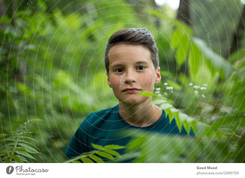 Porträt eines jungen, schönen Teenagers im Wald Lifestyle Gesicht Freizeit & Hobby Ferien & Urlaub & Reisen Tourismus Abenteuer Sommer Mensch Junge Mann