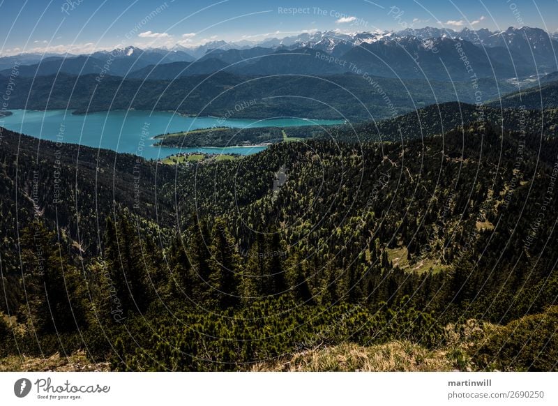 Panorama Walchensee vor Karwendel Ferien & Urlaub & Reisen Ausflug Sommer Berge u. Gebirge wandern Natur Landschaft Alpen Gipfel See Karwendelgebirge Oberbayern