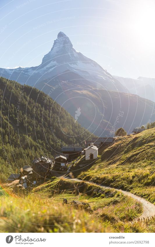 #779 Schweiz Matterhorn Wahrzeichen Berge u. Gebirge Dorf wandern Mountainbike Trail Wege & Pfade Sonnenuntergang weiches Licht Gipfel Schneebedeckte Gipfel