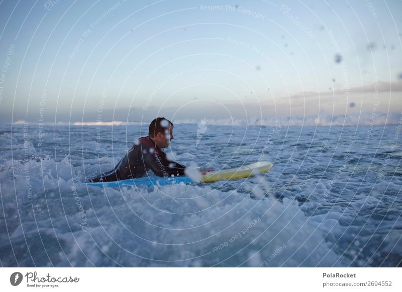 #AS# Morgenstund 1 Mensch ästhetisch Surfen Surfer Surfbrett Surfschule Wasser Wasseroberfläche Meer Wassersport Mann maskulin Farbfoto Gedeckte Farben