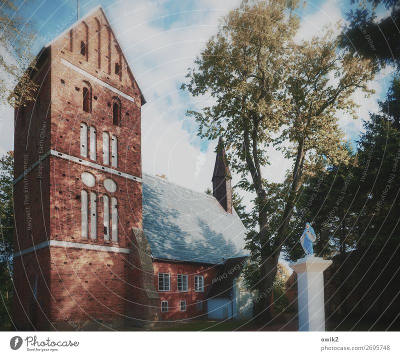 Bild und Abbild Himmel Wolken Baum Polen Dorf Kirche Glaube demütig Religion & Glaube Statue Maria Katholizismus Kirchturm Farbfoto Gedeckte Farben Menschenleer