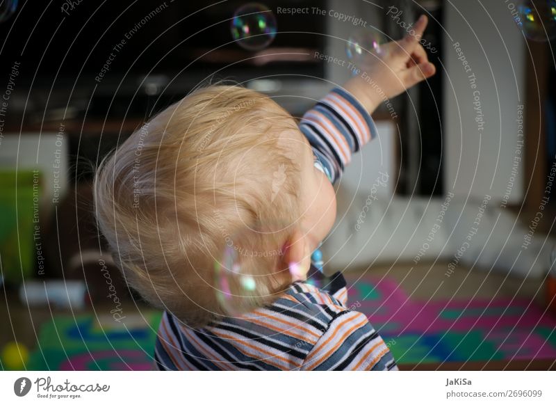 Kid playing with bubbels Spielen Kinderspiel Seifenblase Wohnzimmer Kleinkind Kindheit Leben Kopf Hand 1 Mensch 1-3 Jahre beobachten berühren fangen blond