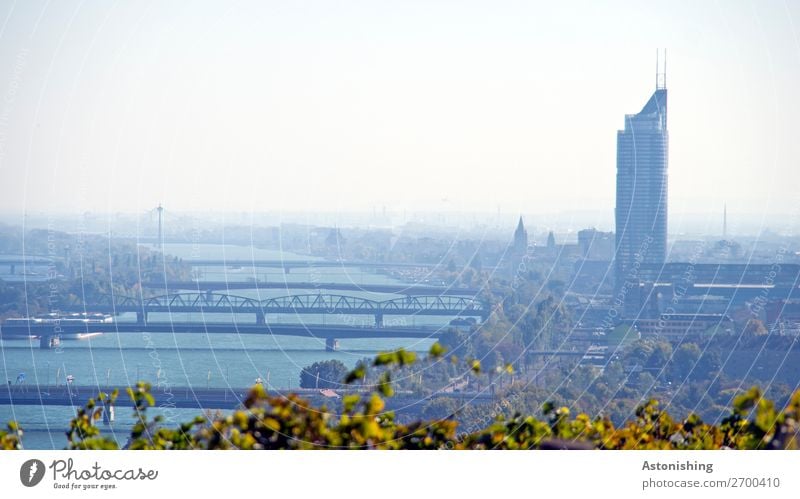 überbrücken Umwelt Natur Landschaft Wasser Himmel Horizont Wetter Pflanze Blatt Fluss Donau Donauinsel Wien Österreich Stadt Hauptstadt Brücke Turm Fassade