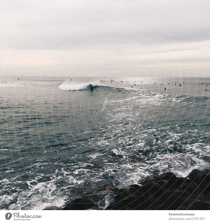 Surfers in the Atlantic Ocean Hafenstadt Bewegung Leichtigkeit Freiheit Surfen Atlantik Wellen Meer Stein Wasser bedeckt Wolken Portugal Farbfoto Außenaufnahme