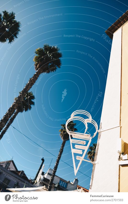 Ice cream neon light in front of blue sky and palm trees Wolkenloser Himmel Sonne Ferien & Urlaub & Reisen Portugal Palme Blauer Himmel Speiseeis Eiscafé