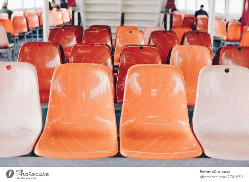 Interior of a ferry with colourful seats Verkehr Verkehrsmittel Schifffahrt Dampfschiff Fähre Ferien & Urlaub & Reisen Sitzgelegenheit orange orange-rot