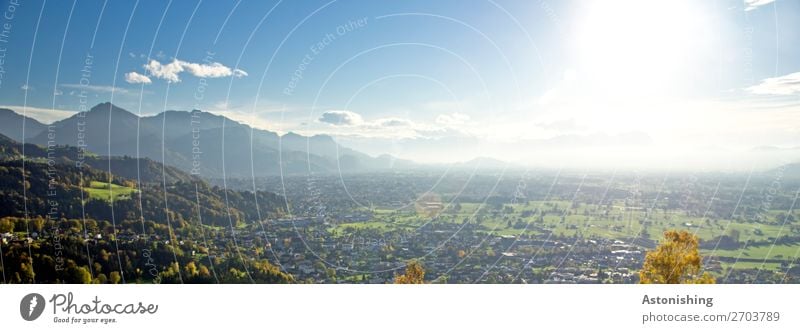 das weite Tal Umwelt Natur Landschaft Pflanze Luft Himmel Wolken Horizont Sonne Sonnenlicht Sommer Wetter Schönes Wetter Baum Wiese Wald Hügel Alpen