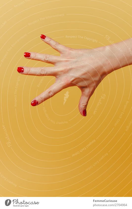 Forearm and hand with spread fingers against a yellow background feminin 1 Mensch schön Nagellack rot gelb Hand Finger spreizen Handoberfläche zart verdecken