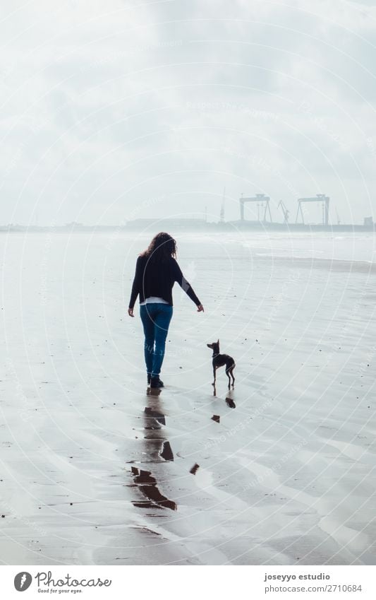 Frau und ihr kleiner Hund am Strand Lifestyle Erholung Winter Erwachsene Freundschaft Natur Landschaft Sand Horizont Brücke Jeanshose brünett Liebe blau 1812