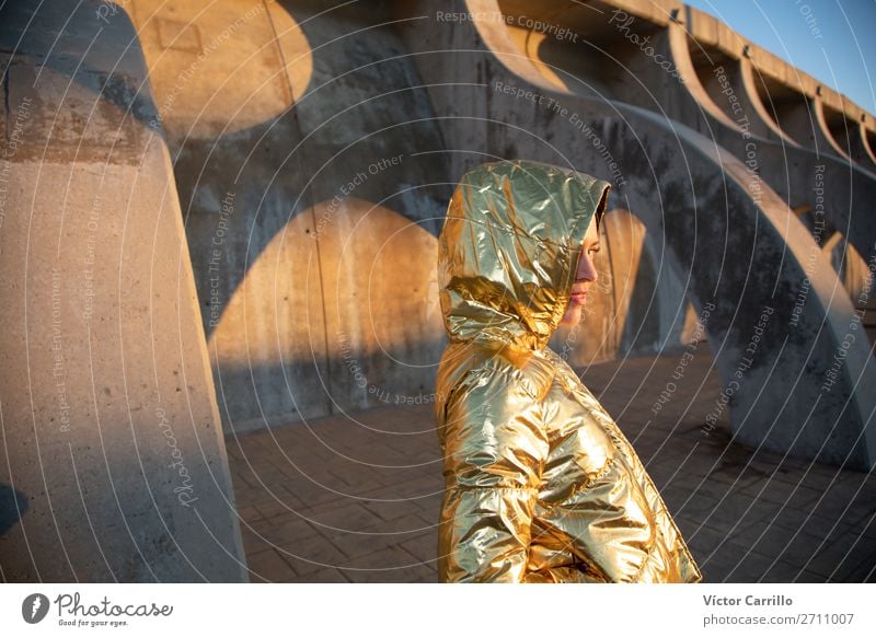 Junge Frau in einem Sonnenuntergangsfoto mit goldener Jacke Lifestyle elegant Stil schön Mensch feminin Jugendliche Erwachsene 1 30-45 Jahre Hafenstadt Verkehr