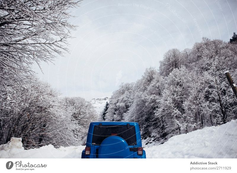 Parkplatz auf verschneiter Straße im Winter. Schnee Asphalt Natur PKW geparkt Straßenrand kalt Landschaft weiß Jahreszeiten Wald Frost Tag gefroren Ausflug