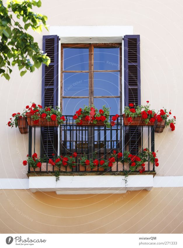 Trautes Heim. Kunst ästhetisch Fenster Fensterladen Fensterscheibe Fensterblick Fensterplatz Balkon Heimat Heimweh heimisch Einfamilienhaus Blume Seniorenheim