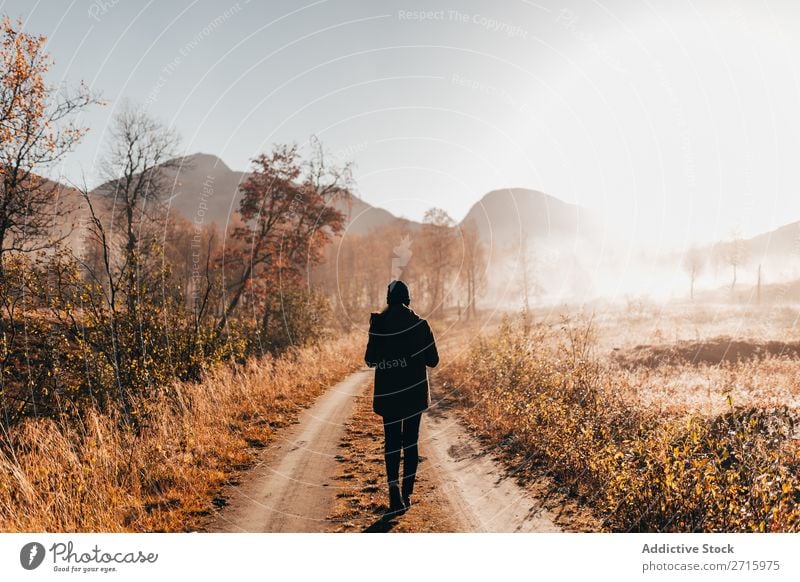 Person, die im Wald auf der Straße unterwegs ist. Mensch laufen Natur Herbst ländlich wandern Freizeit & Hobby Ferien & Urlaub & Reisen Abenteuer Park Aktion