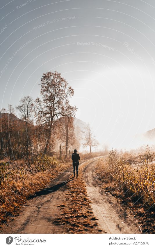 Person, die im Wald auf der Straße unterwegs ist. Mensch laufen Natur Herbst ländlich wandern Freizeit & Hobby Ferien & Urlaub & Reisen Abenteuer Park Aktion