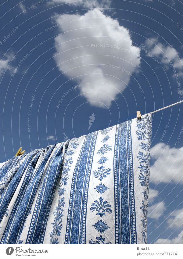 Heiter bewölkt Himmel Wolken Sommer Schönes Wetter hängen Sauberkeit blau weiß rein Wäscheleine Tischwäsche Muster gestreift Farbfoto Außenaufnahme Menschenleer