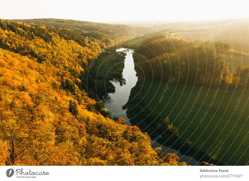 Malerisches Tal aus der Höhe Gold Fluss Mittelgebirge Landschaft Panorama (Bildformat) Morgen hell Herbst Fernweh Beautyfotografie Tourist Natur