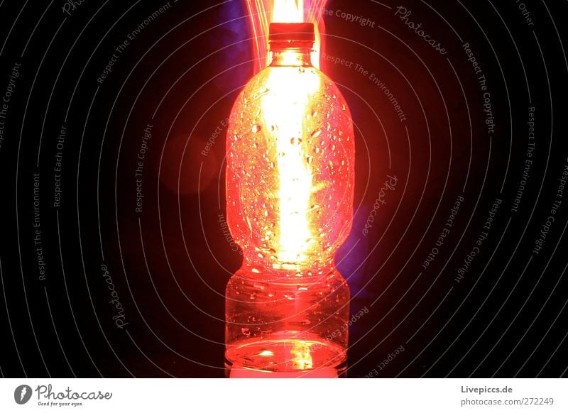 Rotlichtflasche Getränk Erfrischungsgetränk Trinkwasser Flasche leuchten rot Farbfoto Innenaufnahme Nacht Kunstlicht Licht Lichterscheinung Gegenlicht