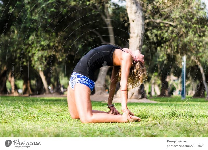 Yoga - Yogalehrerin mit Kamelhaltung Ustrasana Asana Asana Lifestyle schön Wellness Berge u. Gebirge Sport Mensch Frau Erwachsene Natur Fitness verblüht dünn