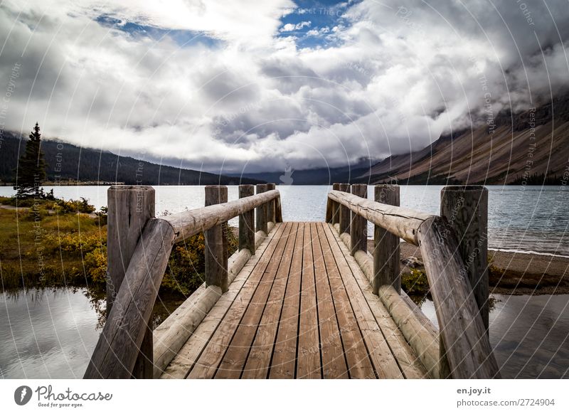 Sprungbrett Ferien & Urlaub & Reisen Ausflug Natur Landschaft Wolken Herbst Berge u. Gebirge Seeufer Bow Lake Brücke Steg Holzbrücke Brückengeländer nachhaltig