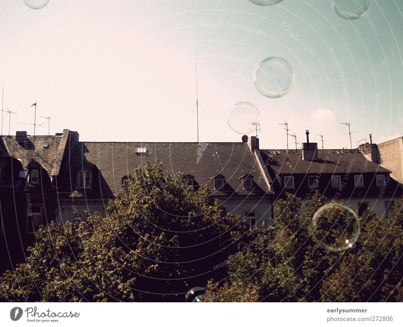 one day baby we'll be old Haus fliegen frei braun Seifenblase Dach himmelblau Himmel Baum Fenster Antenne Freiheit Fensterblick Wiesbaden Straßenseite