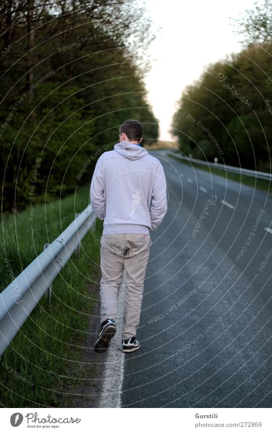 Ist der Weg das Ziel? Fußgänger Straße Bewegung entdecken gehen laufen wandern einfach frei Unendlichkeit lang trist grau grün Verschwiegenheit Heimweh Fernweh